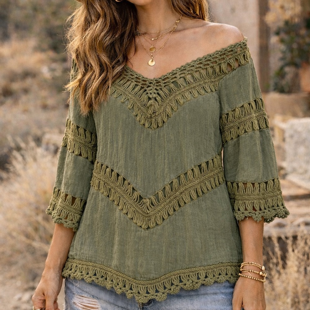 Cliche Olive Green Boho Crochet Trim Blouse Festival Off-Shoulder Top Size S